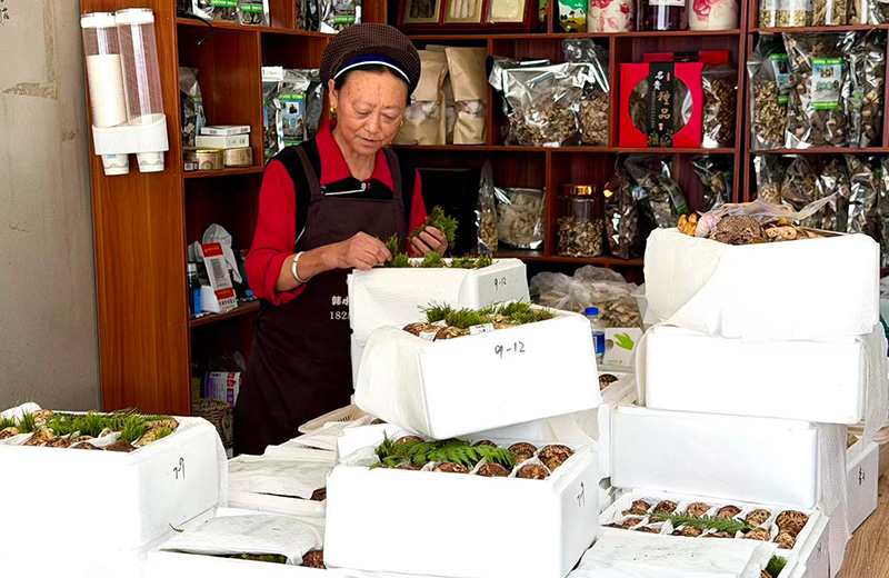 百官屯村党支部书记王爱平在打包松茸